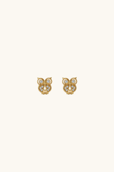14k solid gold owl stud earrings with sparkling pavé eyes and wings