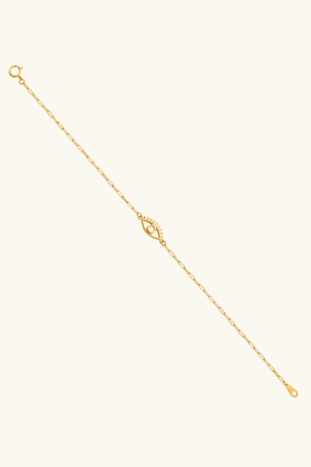 14k solid gold evil eye bracelet on female wrist, minimal open eye design no stone