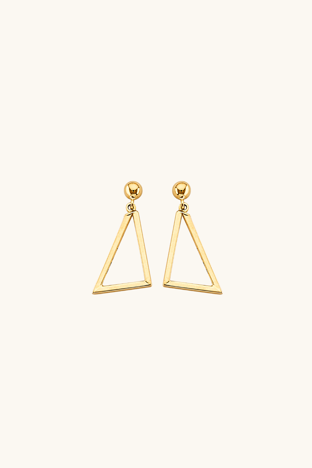 14k solid gold triangle drop earrings with polished ball stud