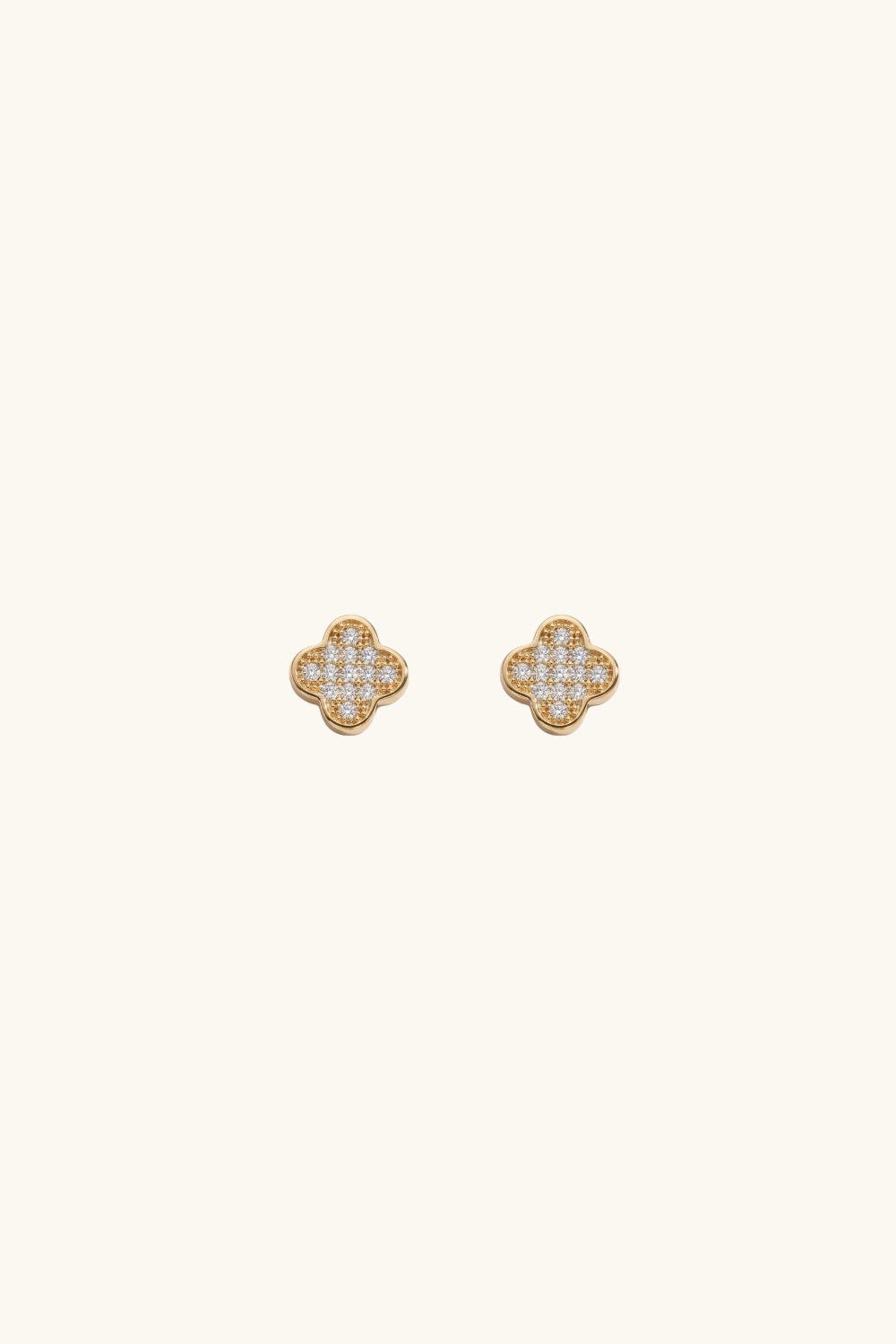 14k solid two-tone gold clover stud earrings with sparkling pavé center