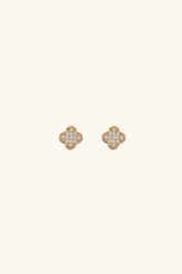 14k solid two-tone gold clover stud earrings with sparkling pavé center