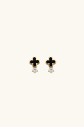 14k solid gold clover stud earrings with black enamel and sparkling stone drop