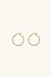 14k solid gold 23mm twisted hoop earrings with light blue enamel