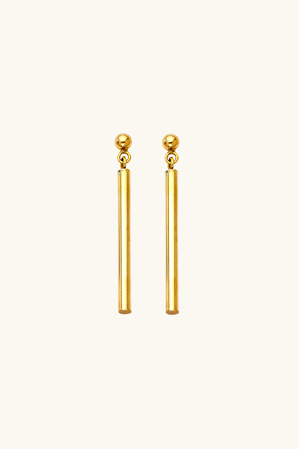 14k solid gold slim cylinder drop earrings with polished ball stud