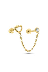 14K Solid Gold CZ Stud Heart 2 Chain Screw Back Stud Earring - Pretty At Sam