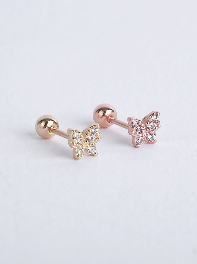 14K Solid Gold Butterfly CZ Stone Pave Single Stud - Pretty At Sam