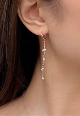 925 Sterling Silver Small Hoop One Touch Chain Pearl Drop Earring - Pretty At Sam