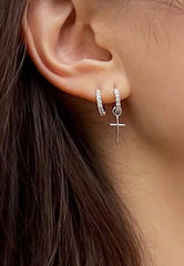 925 Sterling Silver CZ One Touch Huggys Cross Drop Hoop Earring - Pretty At Sam