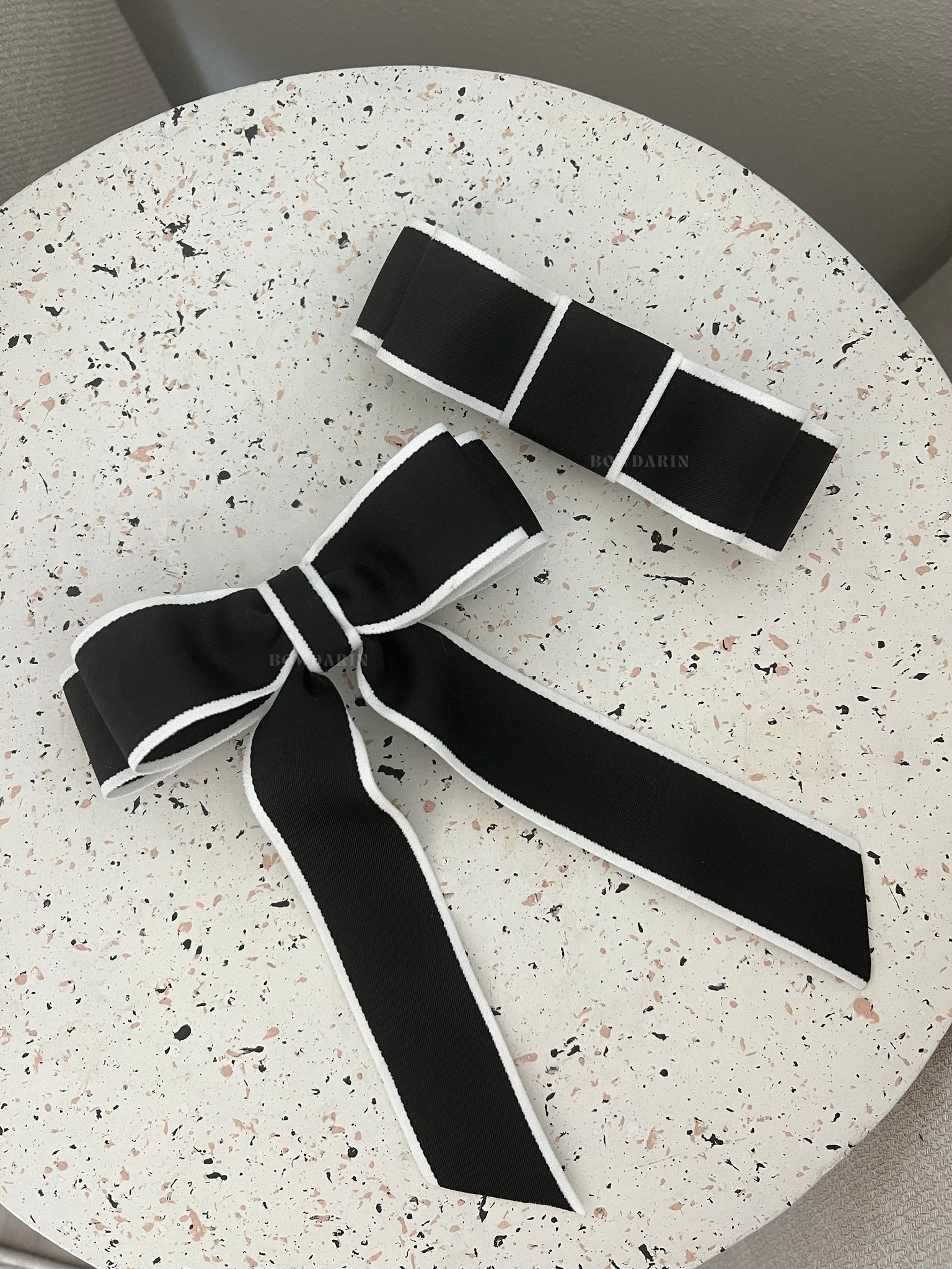 Black and white edged long tail bow hair clip - Pretty At Sam