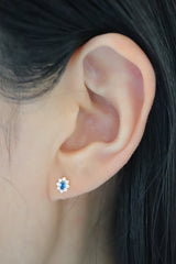 14K Solid Gold Oval flower blue stone CZ screw closure stud earring - Pretty At Sam