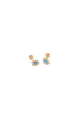 14K Solid Gold Oval flower blue stone CZ screw closure stud earring - Pretty At Sam