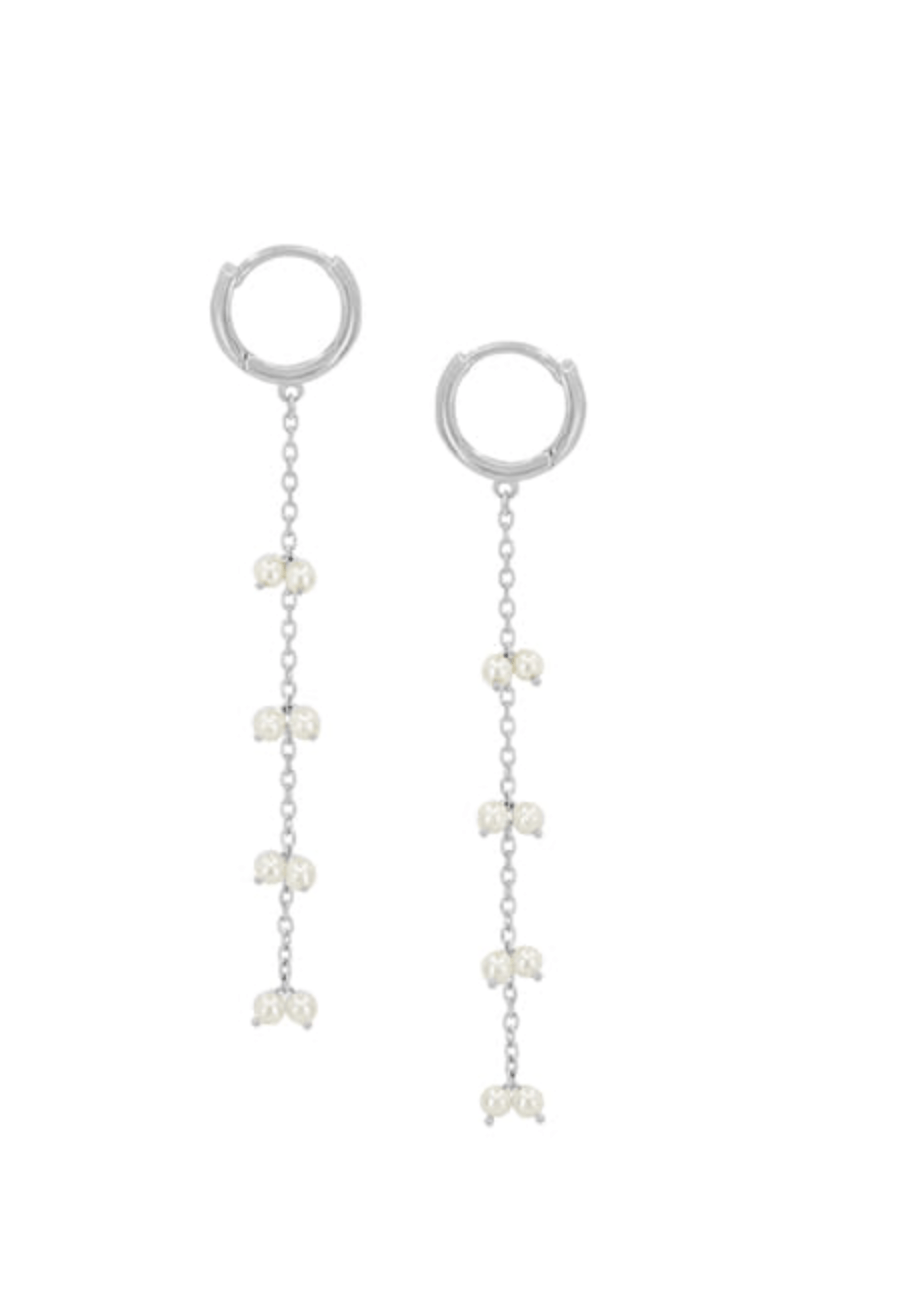 925 Sterling Silver Small Hoop One Touch Chain Pearl Drop Earring - Pretty At Sam