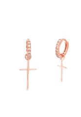 925 Sterling Silver CZ One Touch Huggys Cross Drop Hoop Earring - Pretty At Sam