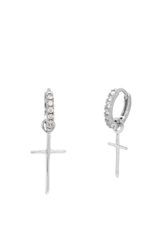 925 Sterling Silver CZ One Touch Huggys Cross Drop Hoop Earring - Pretty At Sam