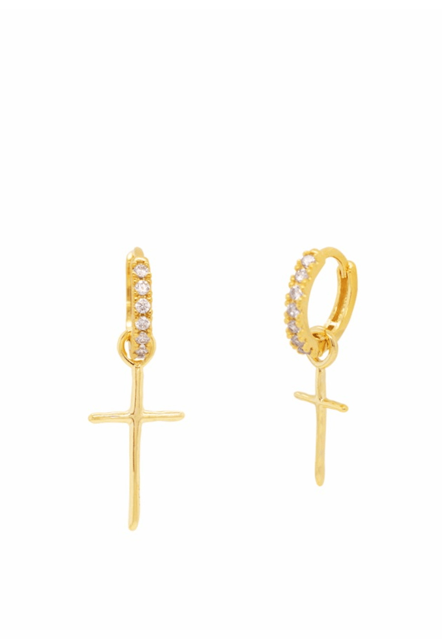 925 Sterling Silver CZ One Touch Huggys Cross Drop Hoop Earring - Pretty At Sam