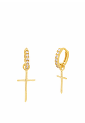 925 Sterling Silver CZ One Touch Huggys Cross Drop Hoop Earring - Pretty At Sam