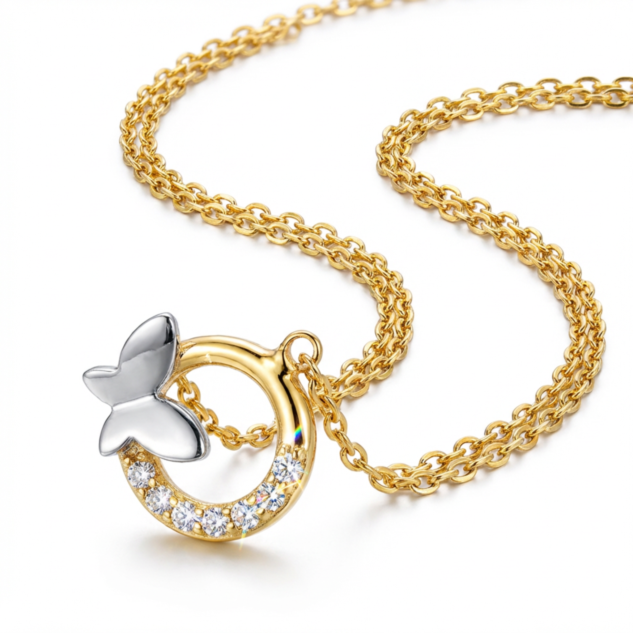 two tone butterfly necklace with sparkling accents close up