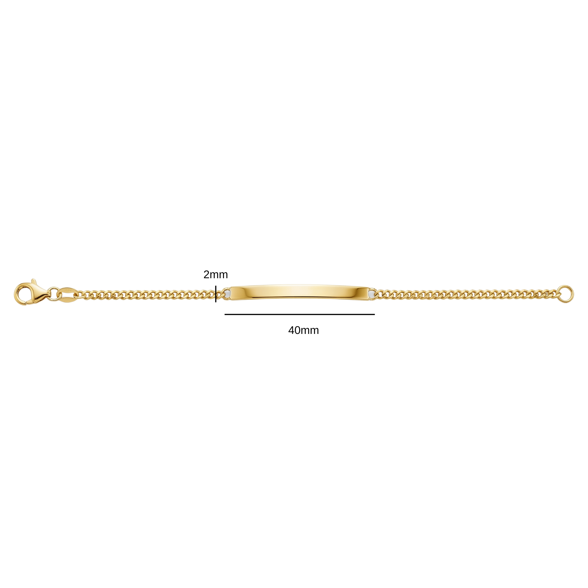 Gold chain bracelet with measurement details on a white background