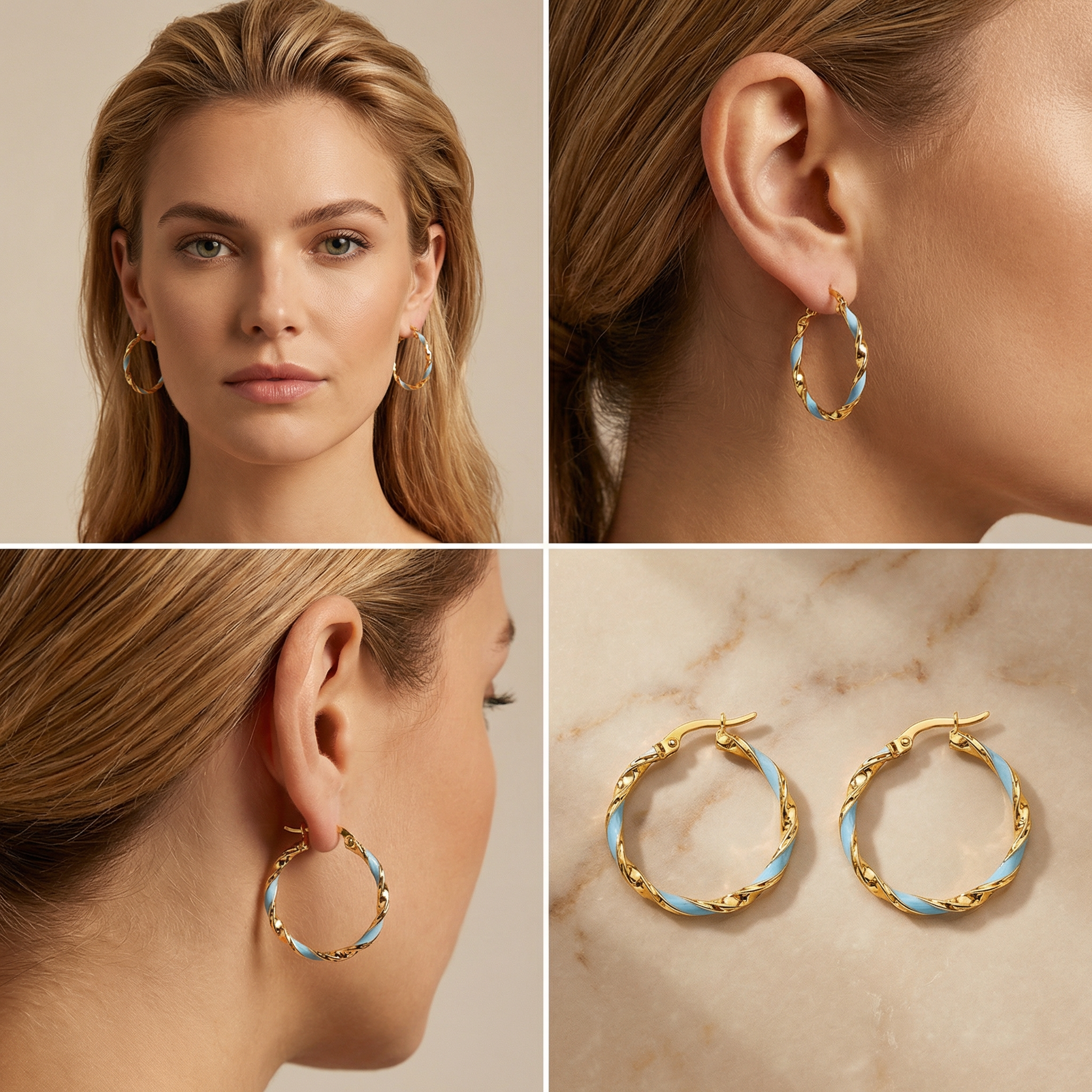 Vibrant blue enamel and gold twisted hoops 14k solid gold