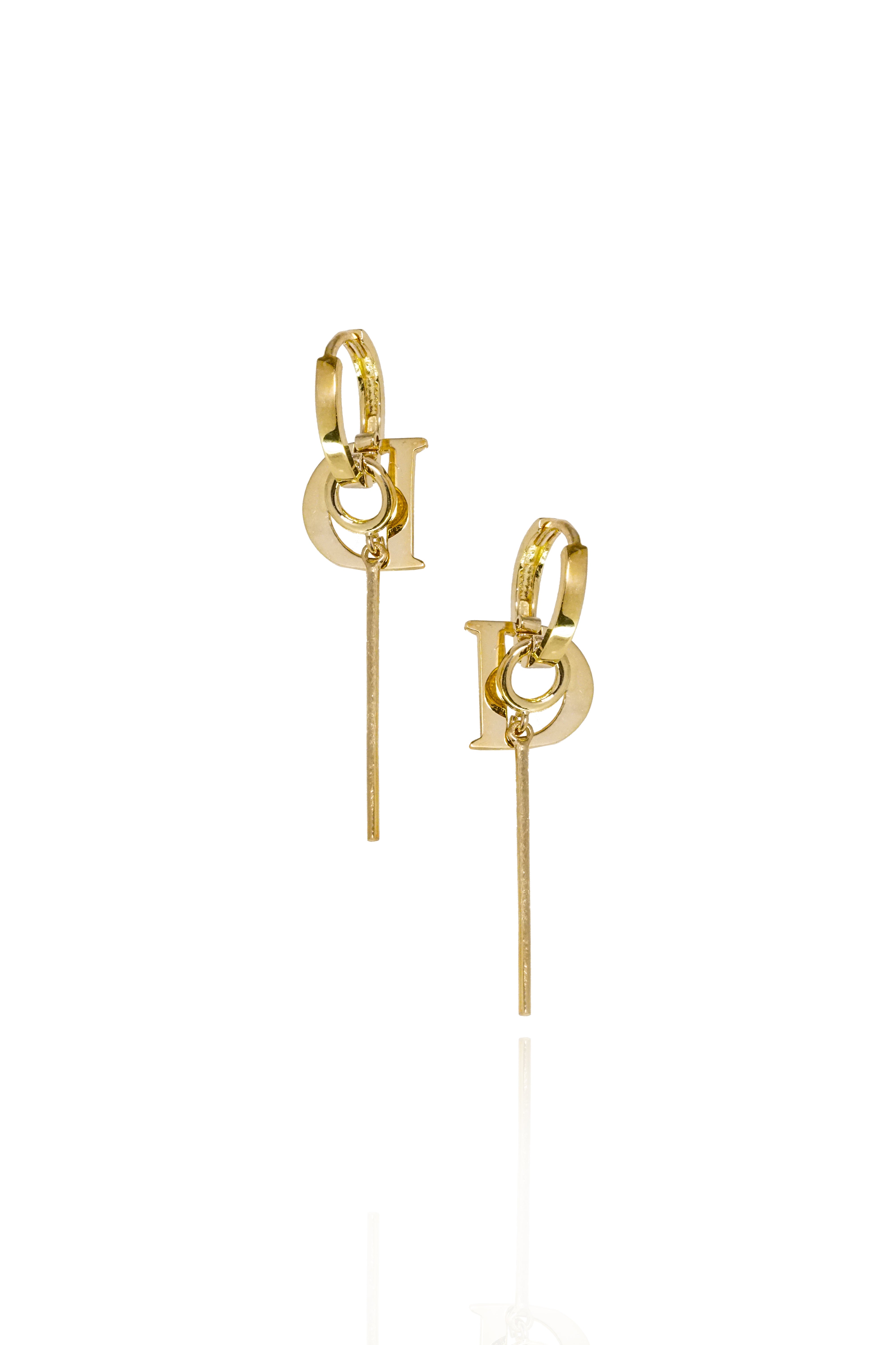 14K Solid Yellow Gold 12MM Hoop D Bar Drop Earring