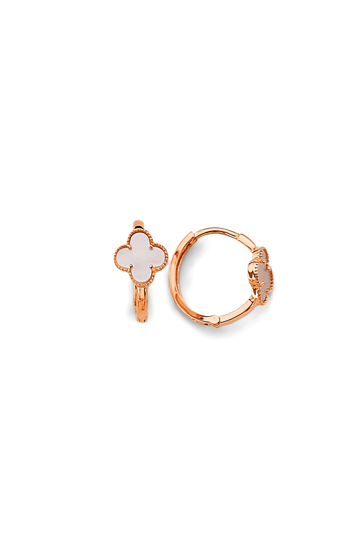 14K Solid Gold Mother of Pearl Clover Huggies Earring