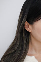 14K Solid Rose Gold Ball Stud Back Drop Chain Long Drop Dangle Earring - Pretty At Sam