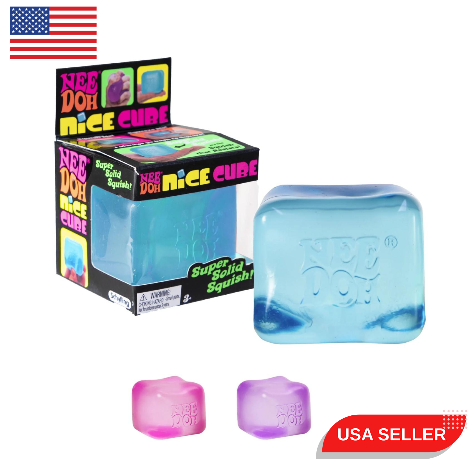 A blue translucent NeeDoh Nice Cube in front of its colorful Schylling packaging, with vibrant pink and purple cube variations shown below alongside a USA Seller badge.