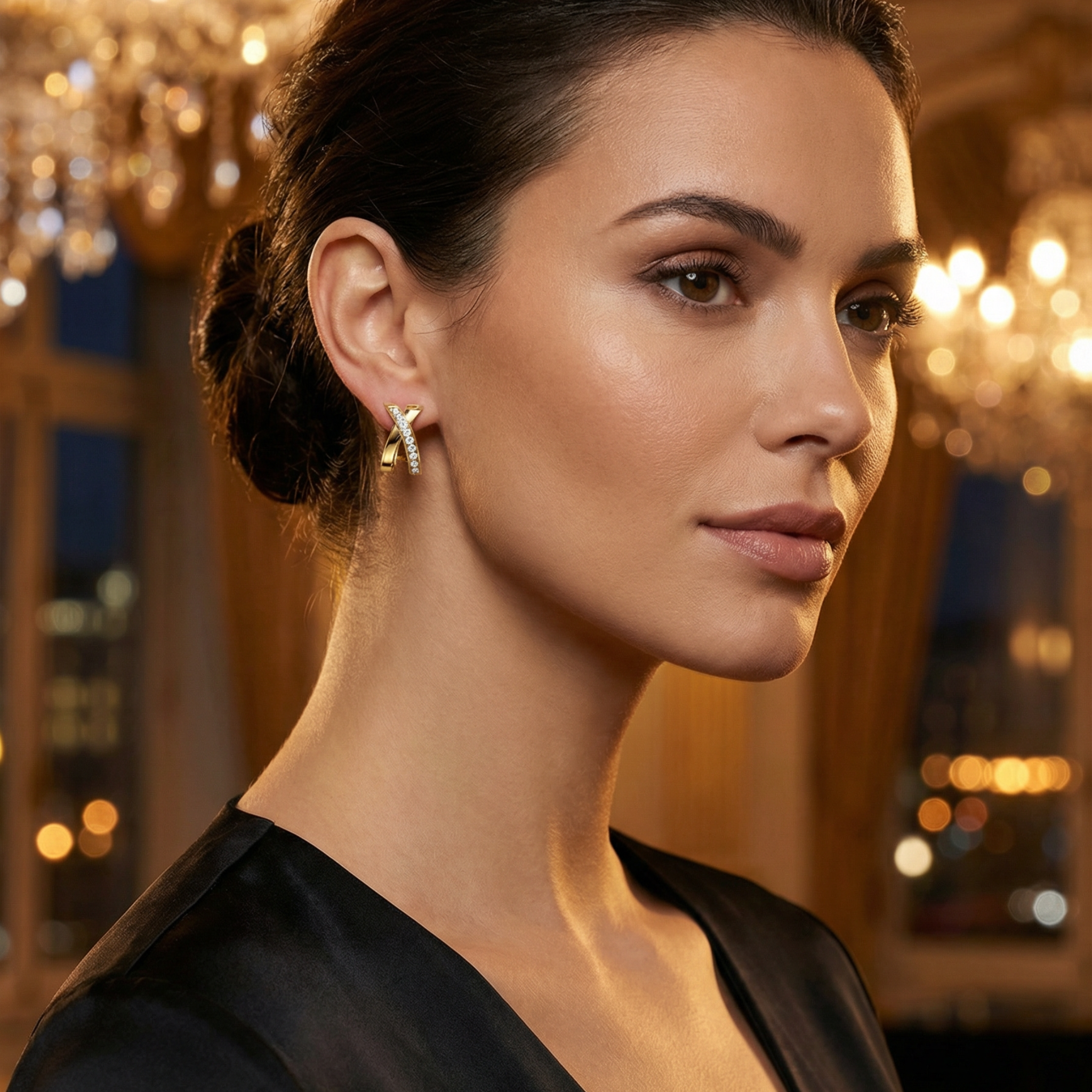 Woman wearing earrings with a blurred background of lights