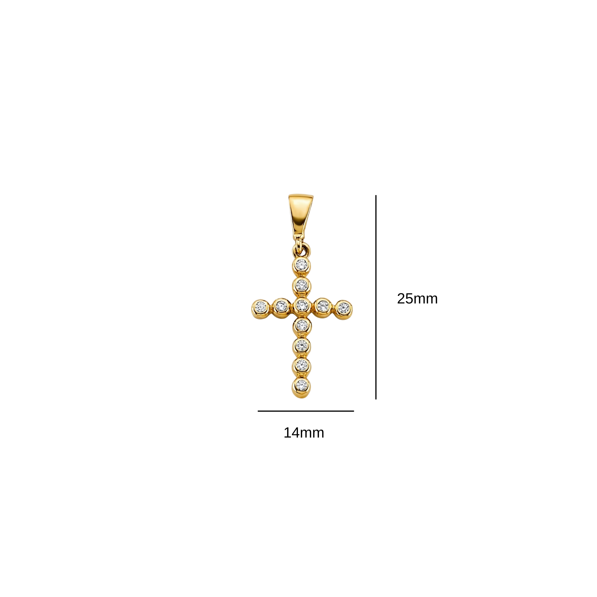 Close up of 25mm x 12mm solid 14k gold cross necklace pendant