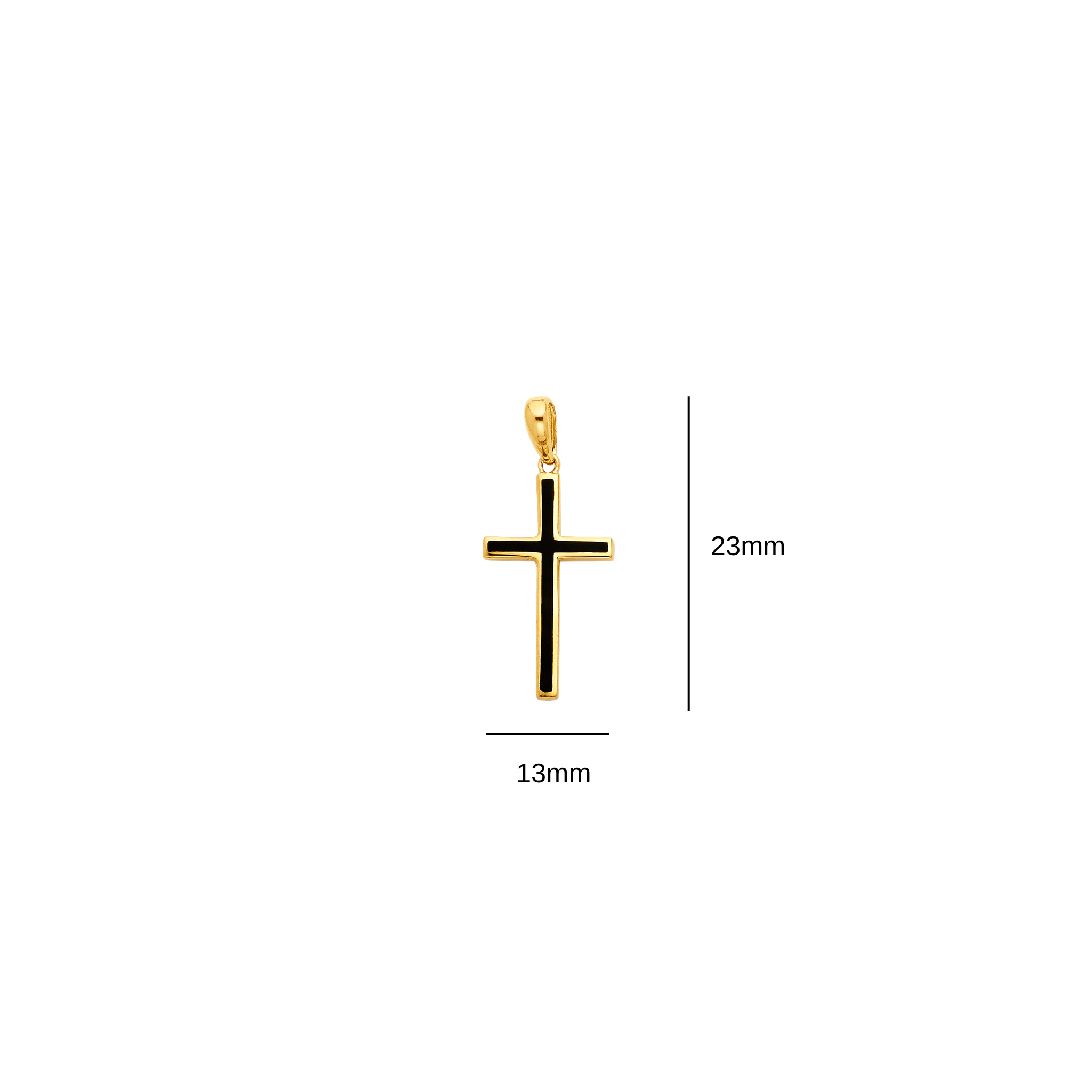 Close up of 23mm x 13mm solid 14k gold black enamel cross