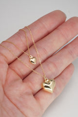 14K Solid Gold Puffy Large Heart Charm Necklace