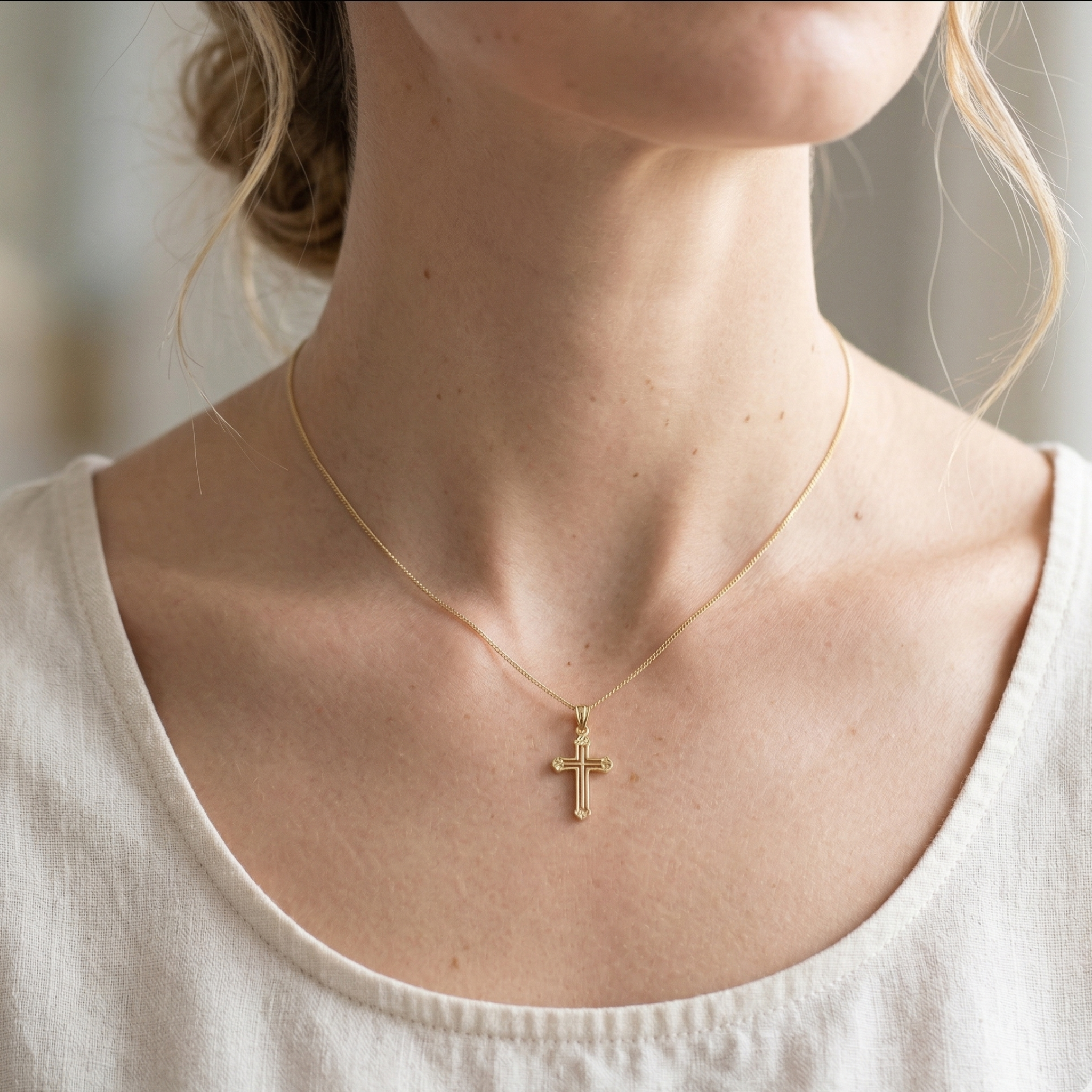 High-polish 14k gold religious pendant with faceted filigree detail