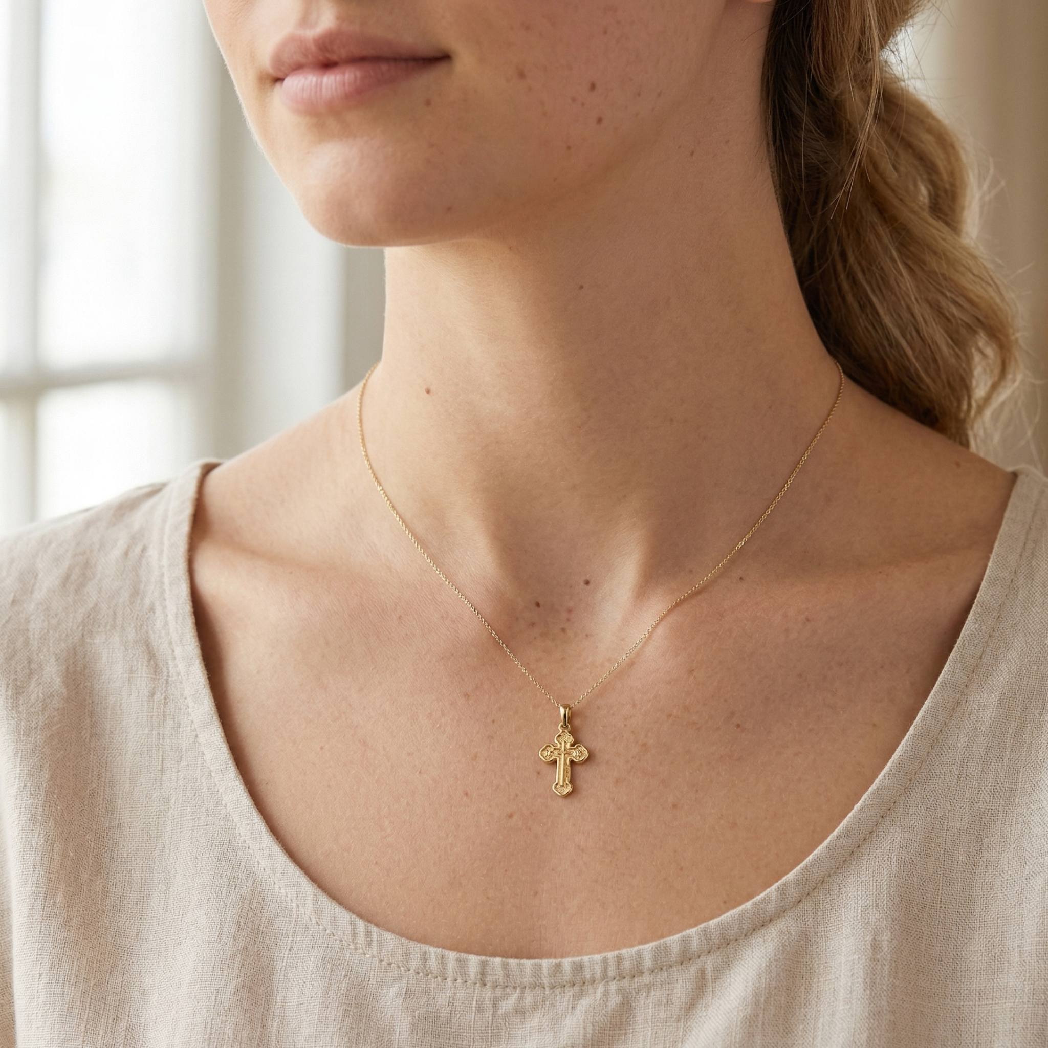 High-polish 14k gold religious pendant with raised inner cross detail