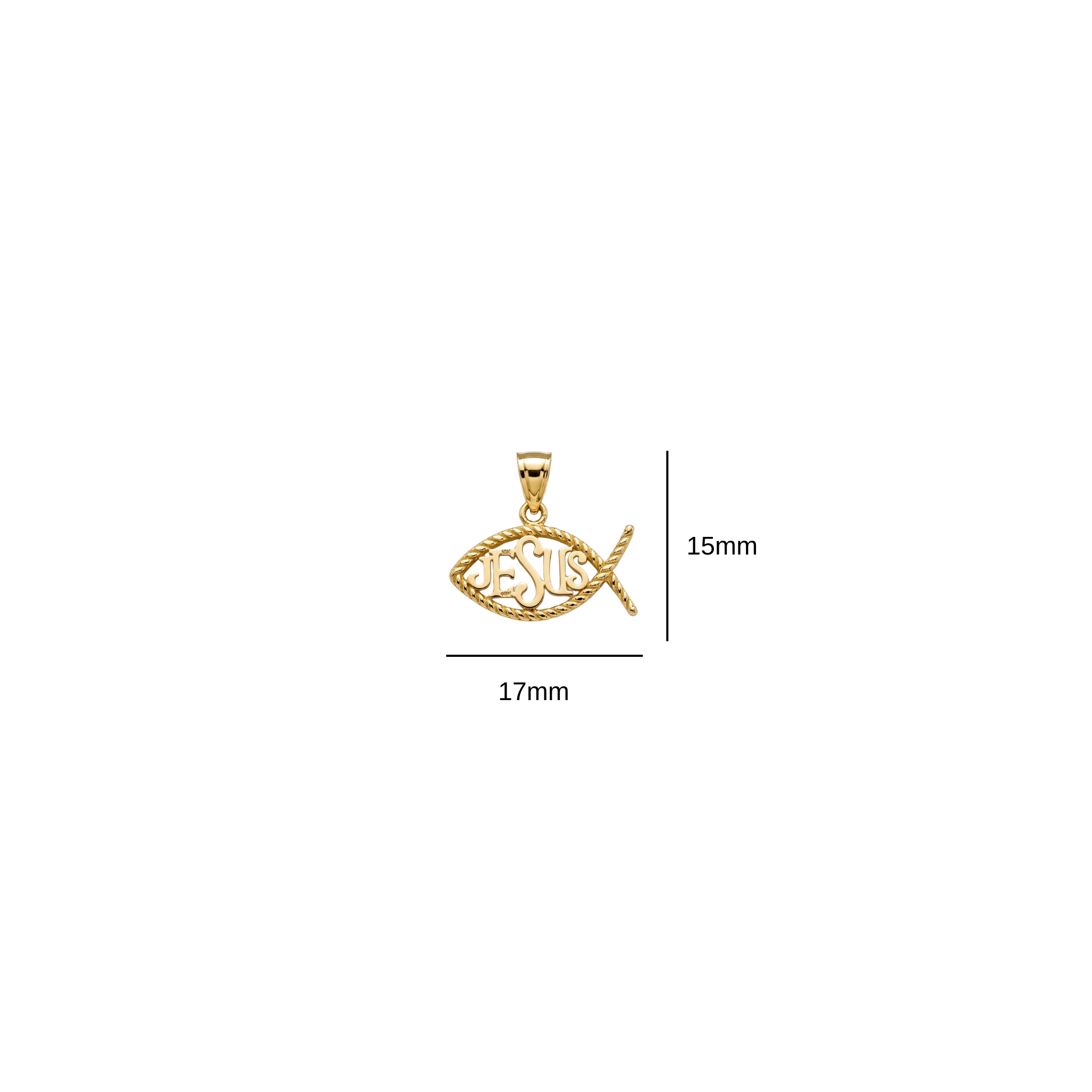 Close up of 15mm x 17mm solid 14k gold fish-shaped faith centerpiece