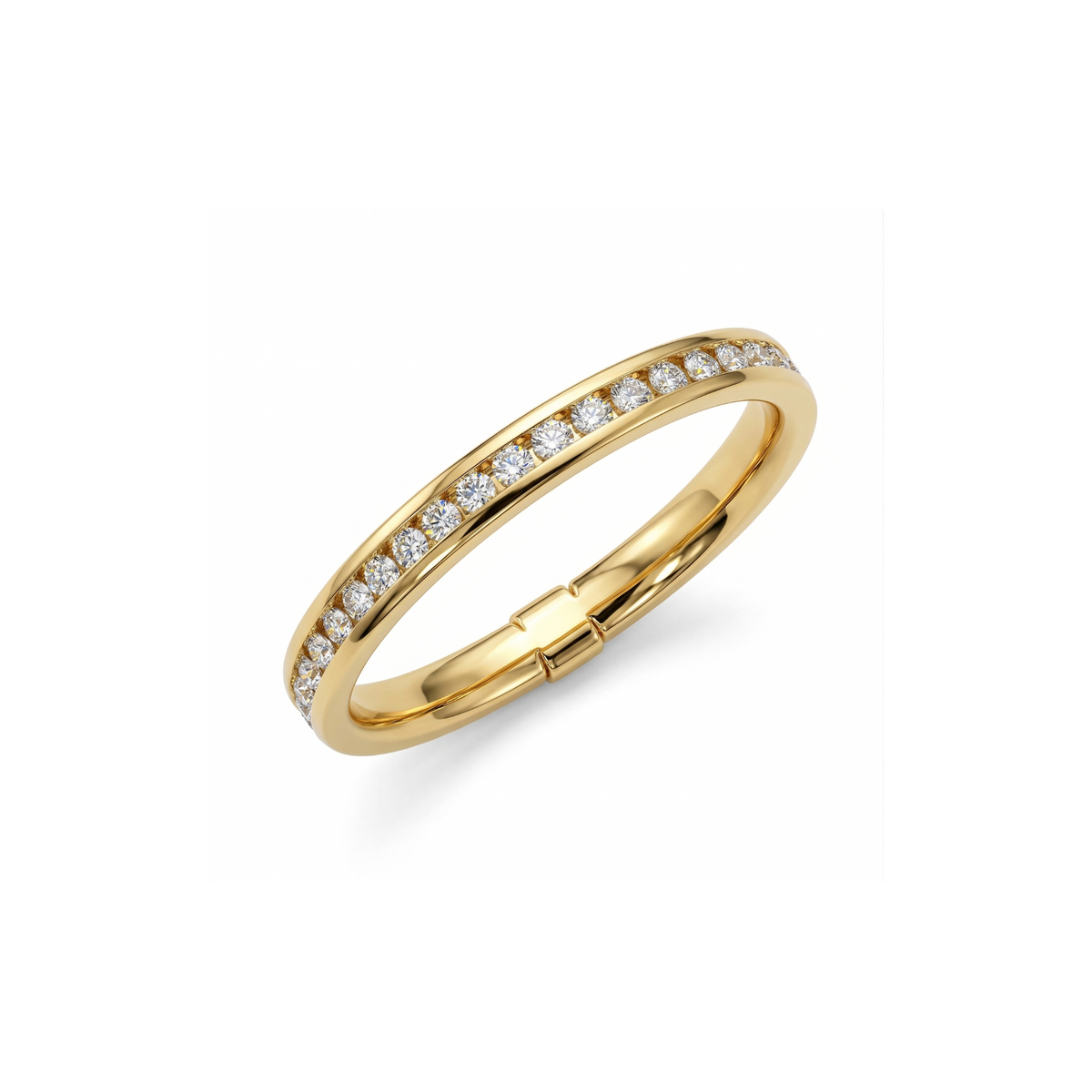 Sleek 14k yellow gold 2.5mm wedding band on white background