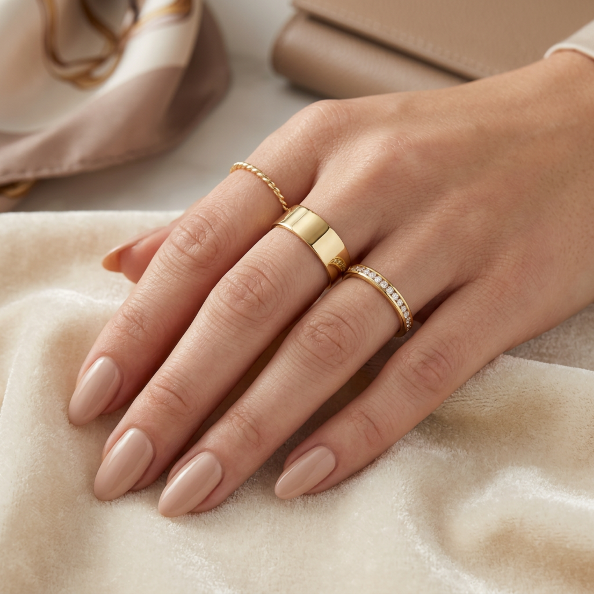 High-polish 14k gold eternity band front view showing stones