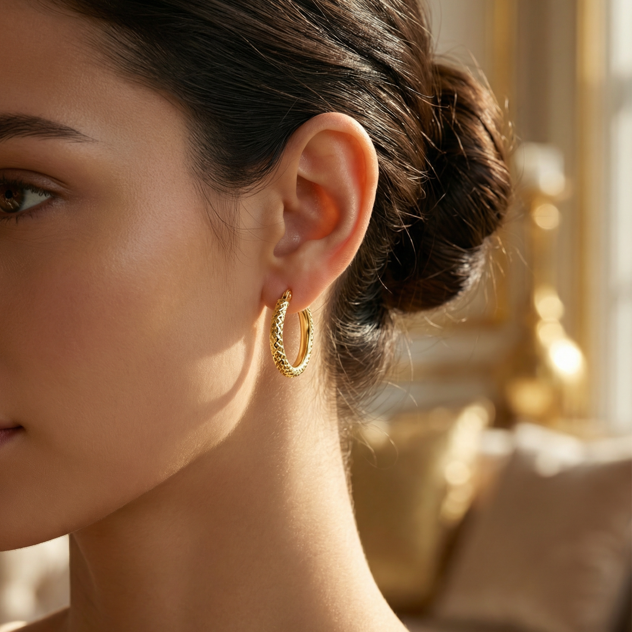 Close-up of a woman wearing gold hoop earrings with a blurred background