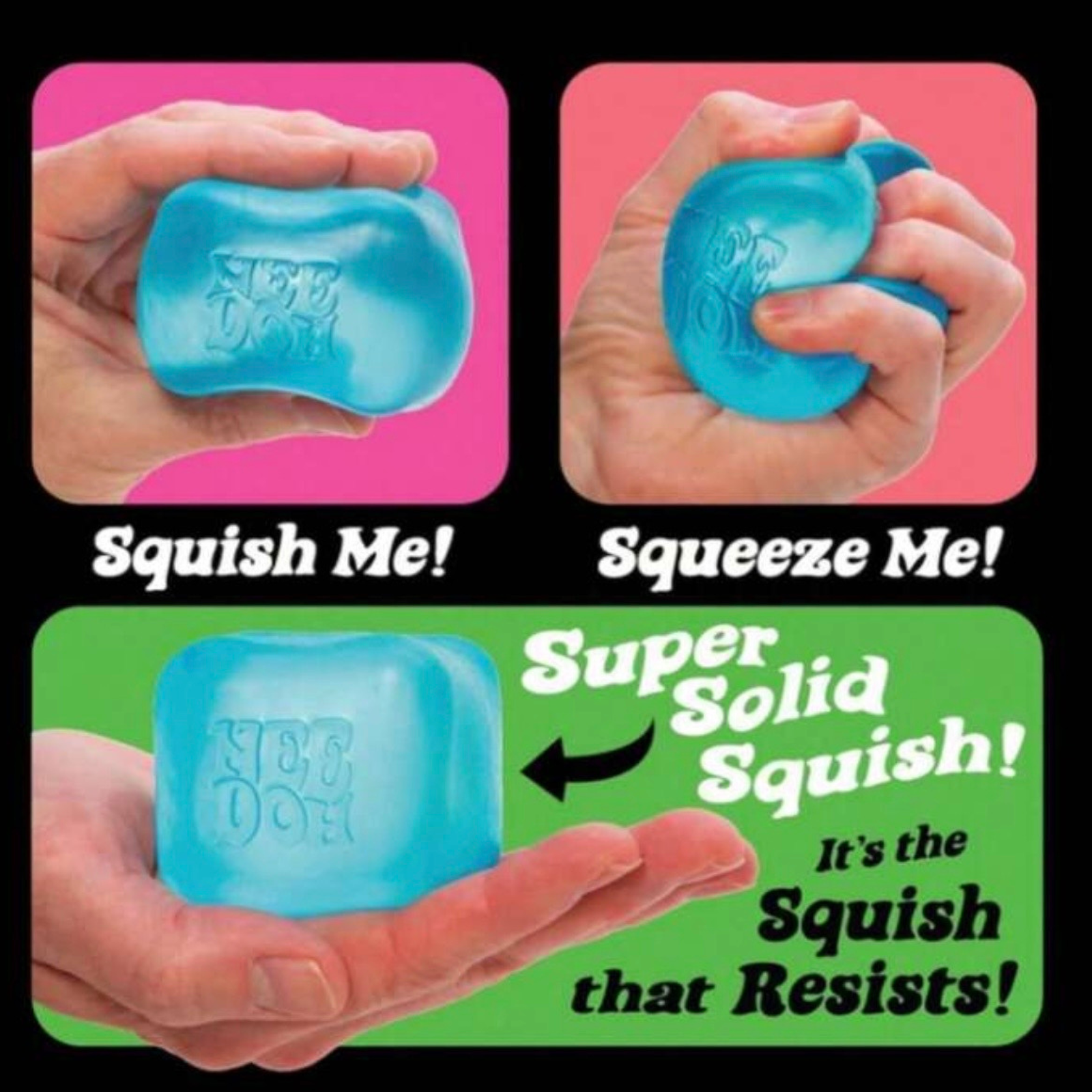 A graphic collage demonstrating the super solid squish of a blue NeeDoh Nice Cube, showing it being intensely squeezed and returning to its original square shape.