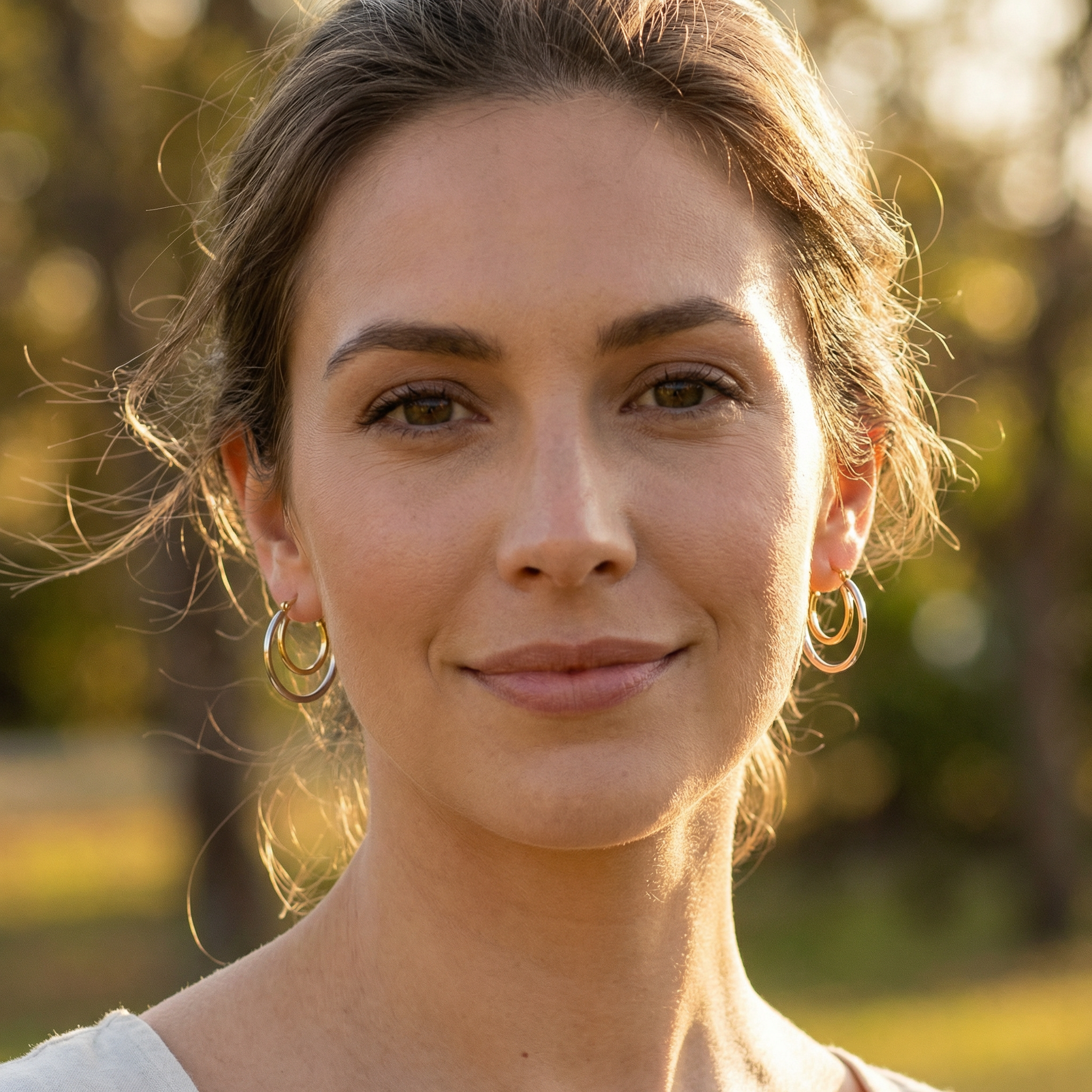 Woman with hoop earrings standing outdoors with a blurred natural background