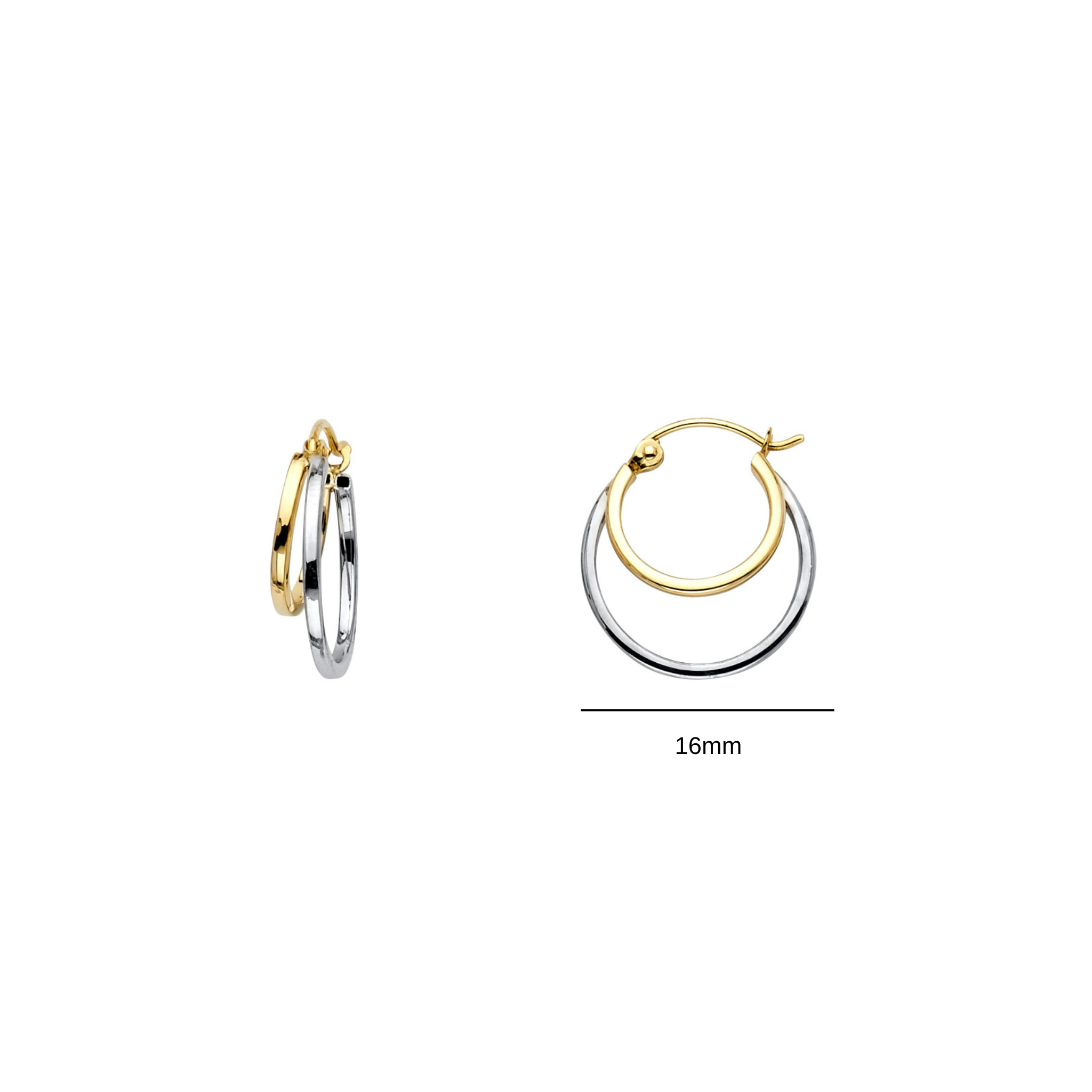 Two hoop earrings, one gold and one silver, on a white background with a measurement label.