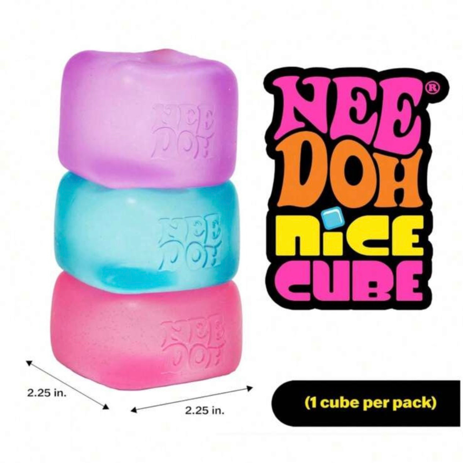 A stack of three NeeDoh Nice Cubes in bright purple, translucent blue, and vibrant pink, illustrating the 2.25-inch size dimension for each pack.