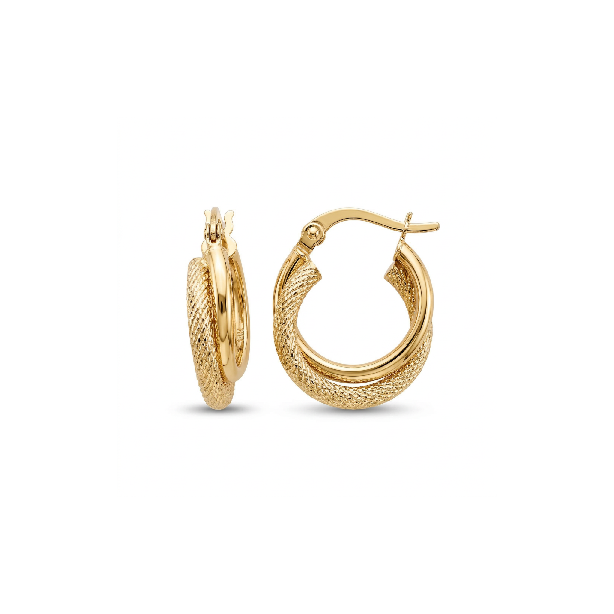 14K Solid Yellow Gold Diamond Cut Textured Double Hoop Earrings
