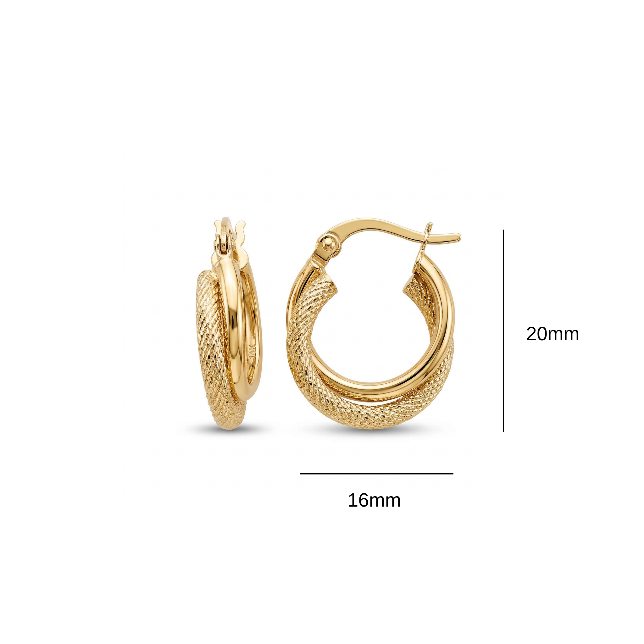 14K Solid Yellow Gold Diamond Cut Textured Double Hoop Earrings