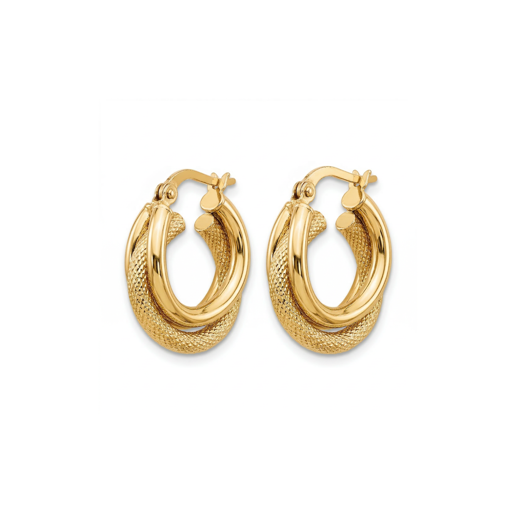 14K Solid Yellow Gold Diamond Cut Textured Double Hoop Earrings
