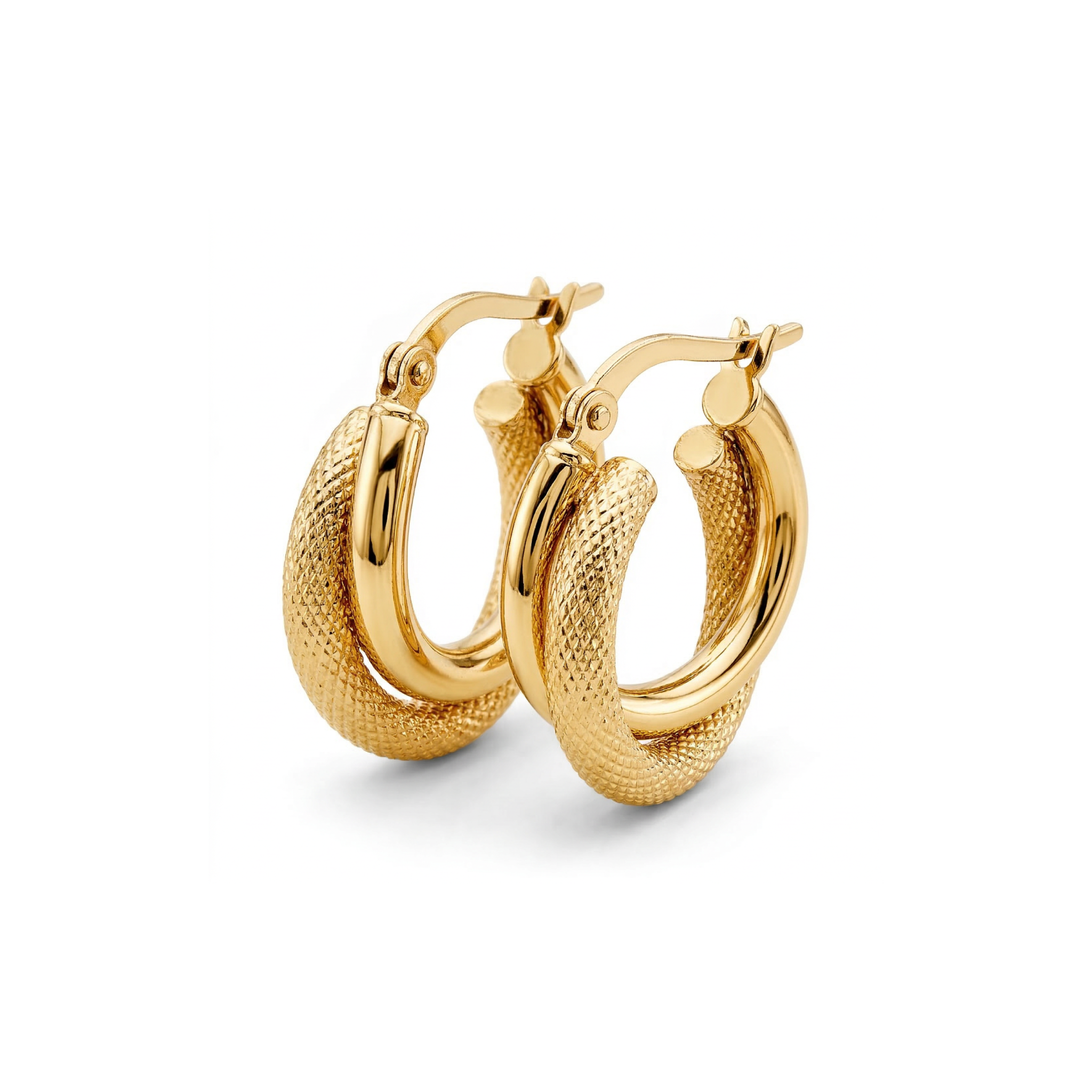 14K Solid Yellow Gold Diamond Cut Textured Double Hoop Earrings