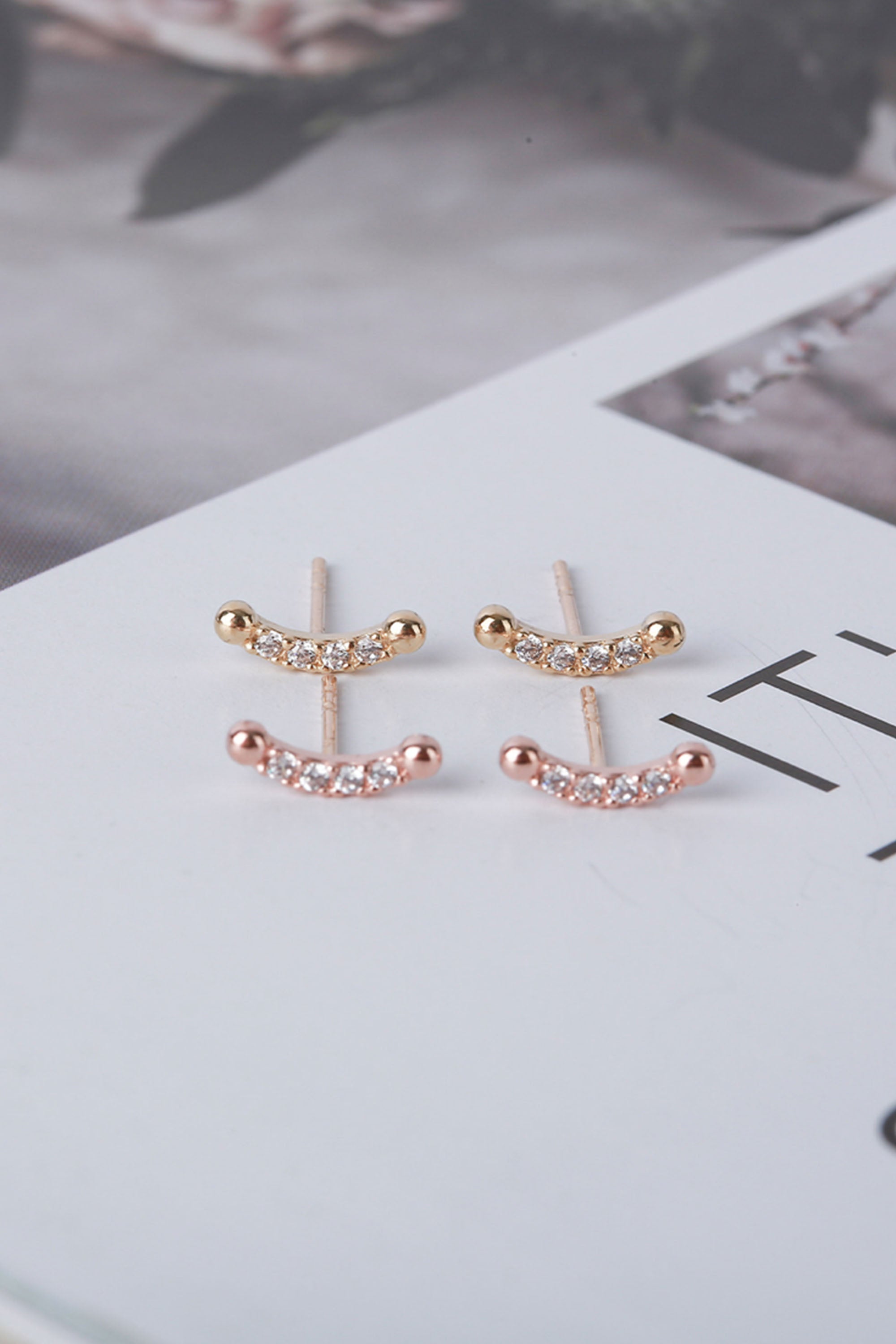 14k Solid Gold CZ Smile Stud Pushback Earring - Pretty At Sam