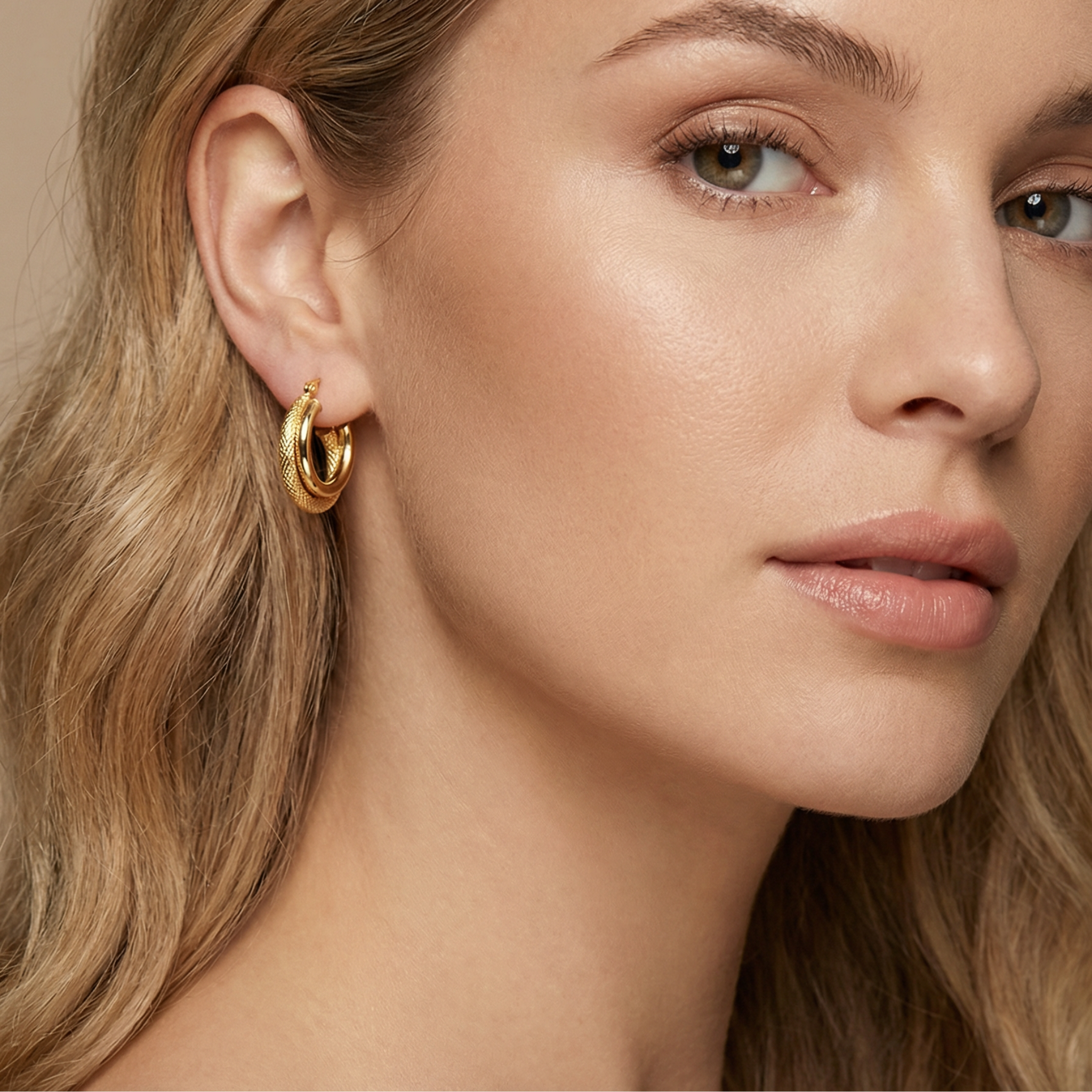 14K Solid Yellow Gold Diamond Cut Textured Double Hoop Earrings model shot
