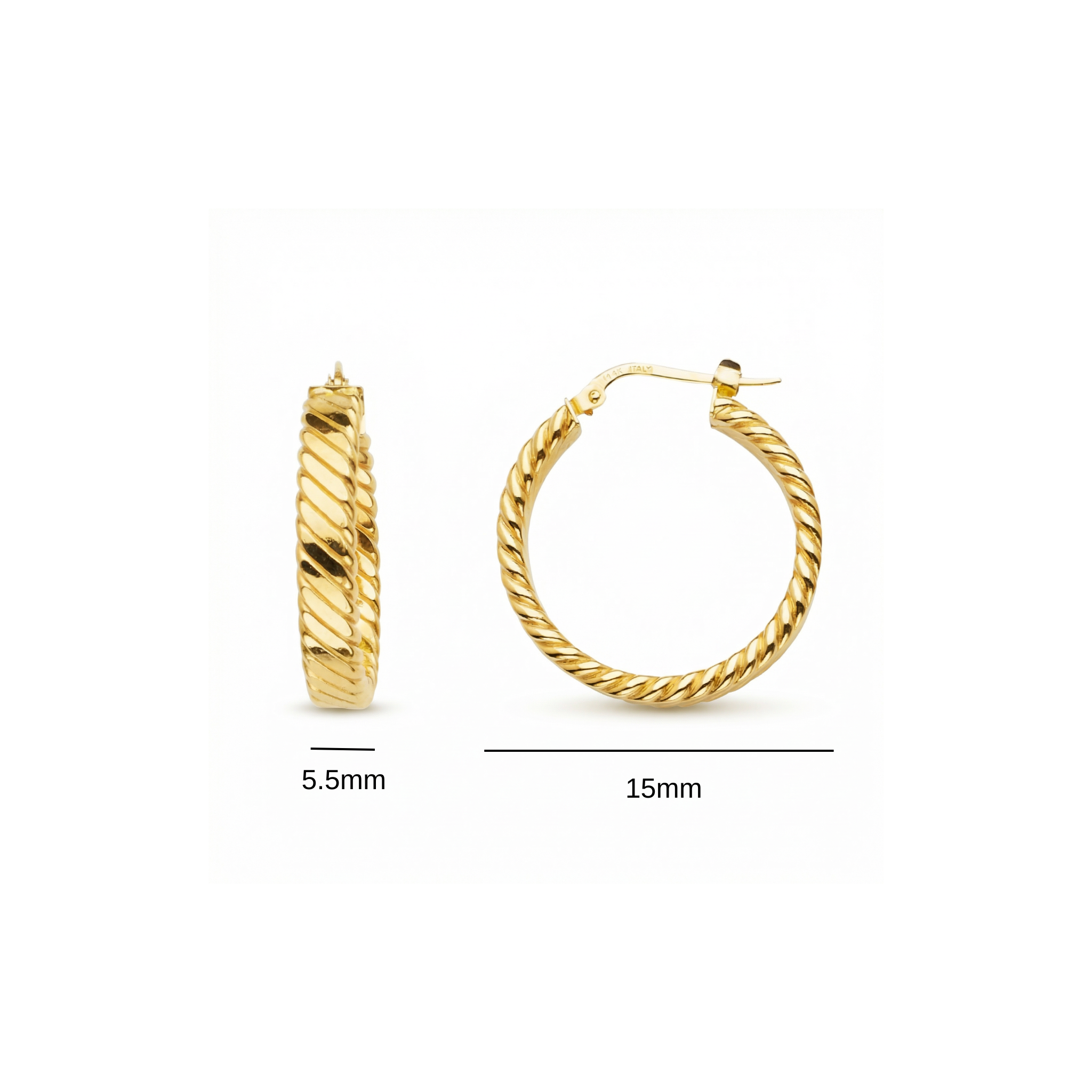14K Solid Yellow Gold Rope Twist Hoop Earrings – Italian Diamond Cut Textured Hoops 5.5mm x 15mm
