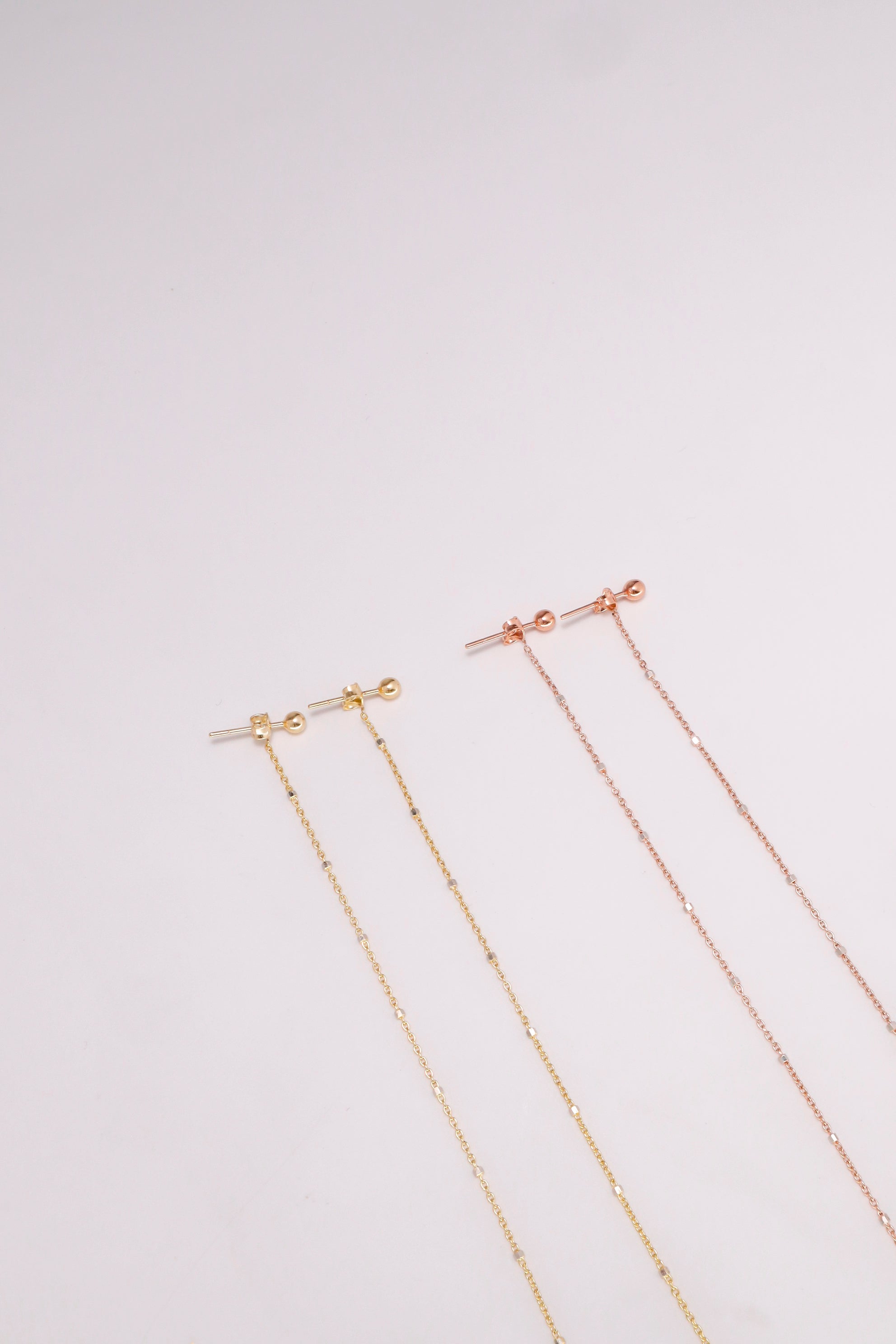 14K Solid Rose Gold Ball Stud Back Drop Chain Long Drop Dangle Earring - Pretty At Sam