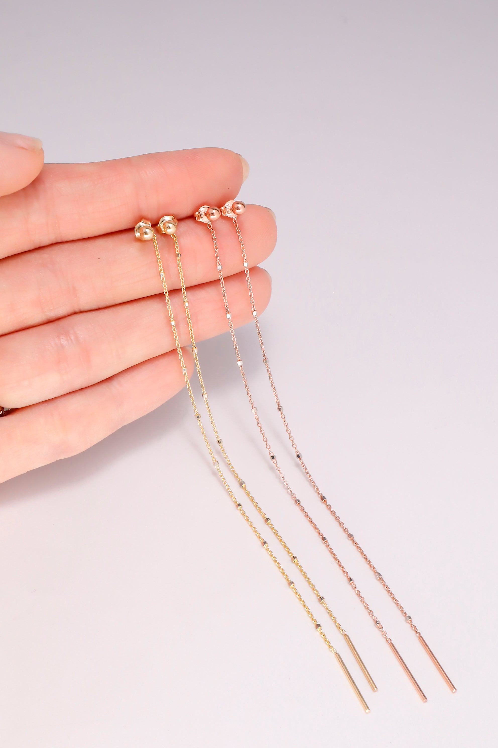 14K Solid Rose Gold Ball Stud Back Drop Chain Long Drop Dangle Earring - Pretty At Sam